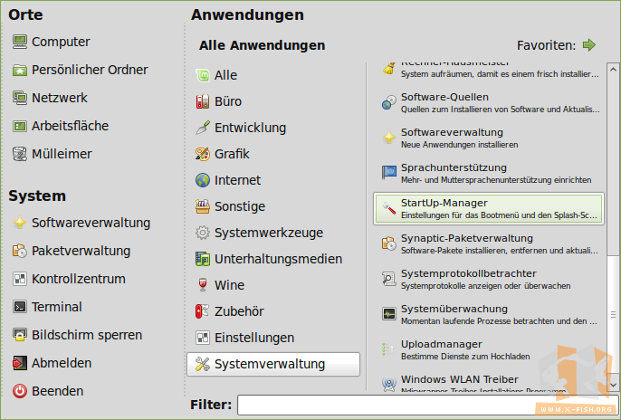 startupmanager im Startmenü von Linux Mint 9 (Isadora)